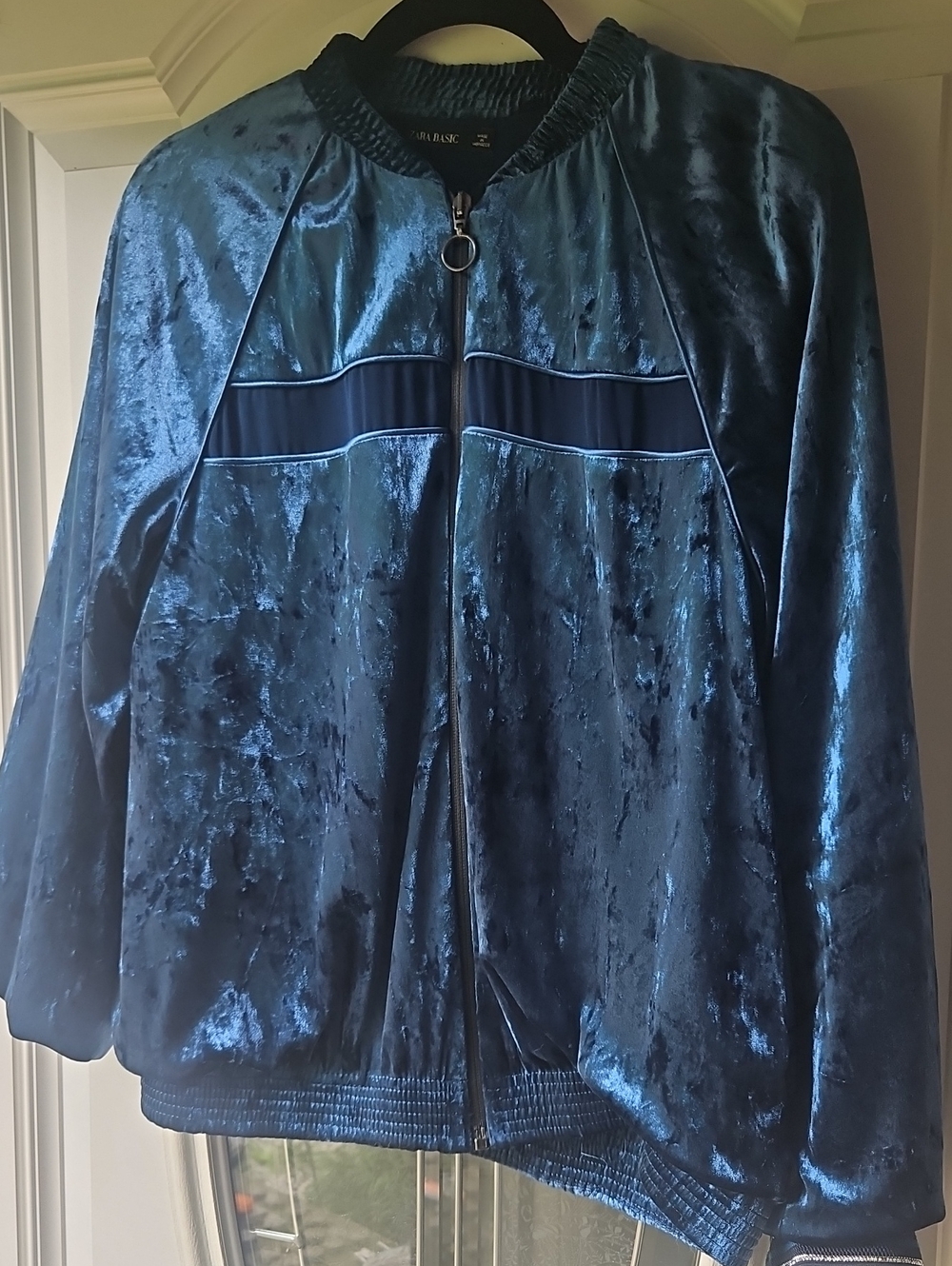 Zara Teal Velvet Bomber Jacket with Zip